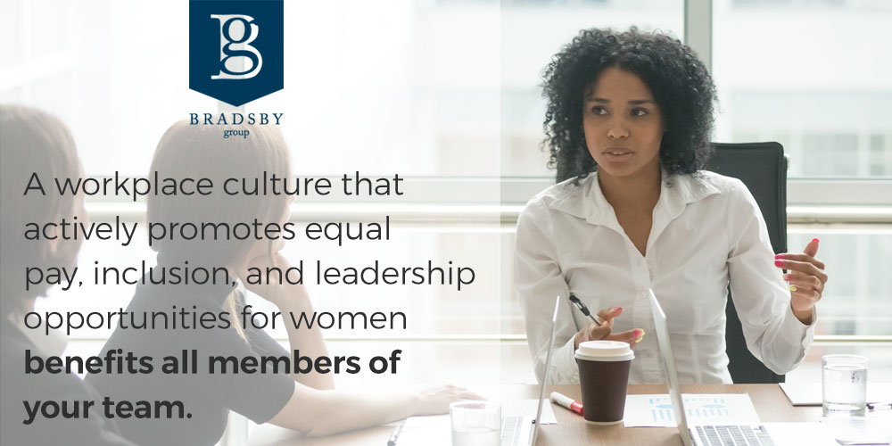 A workplace culture that actively promotes equal pay, inclusion, and leadership opportunities for women in the workplace benefits all members of your team.