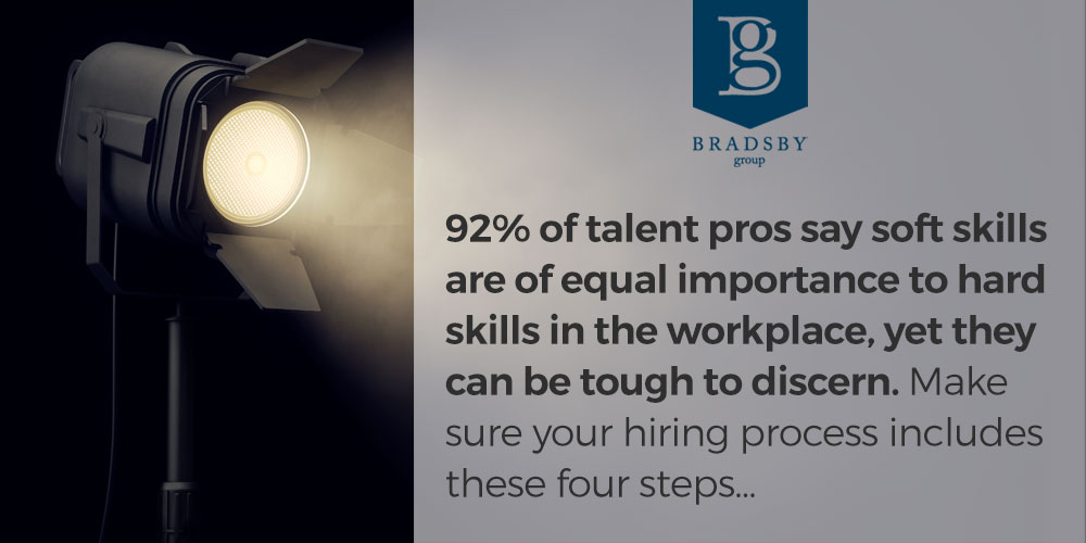 92% of talent pros say soft skills in the workplace are of equal importance to hard skills, yet they can be tough to discern. Make sure your hiring process includes these four steps...