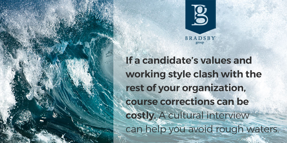 If a candidate's values and working style clash with the rest of your organization, course corrections can be costly. A cultural interview can help you avoid rough waters.