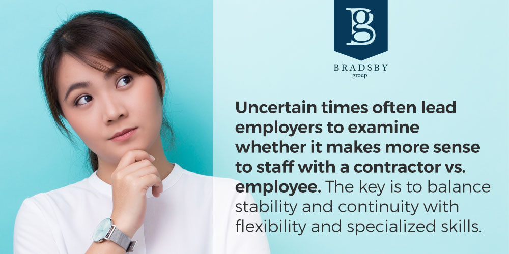 Uncertain times often lead employers to examine whether it makes more sense to staff with a contractor vs. employee. The key is to balance stability and continuity with flexibility and specialized skills.